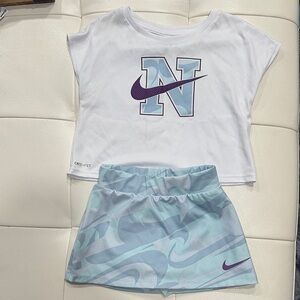 Kid’s Nike White Crop Top & Aqua Patterned Skirt with Purple Swoosh